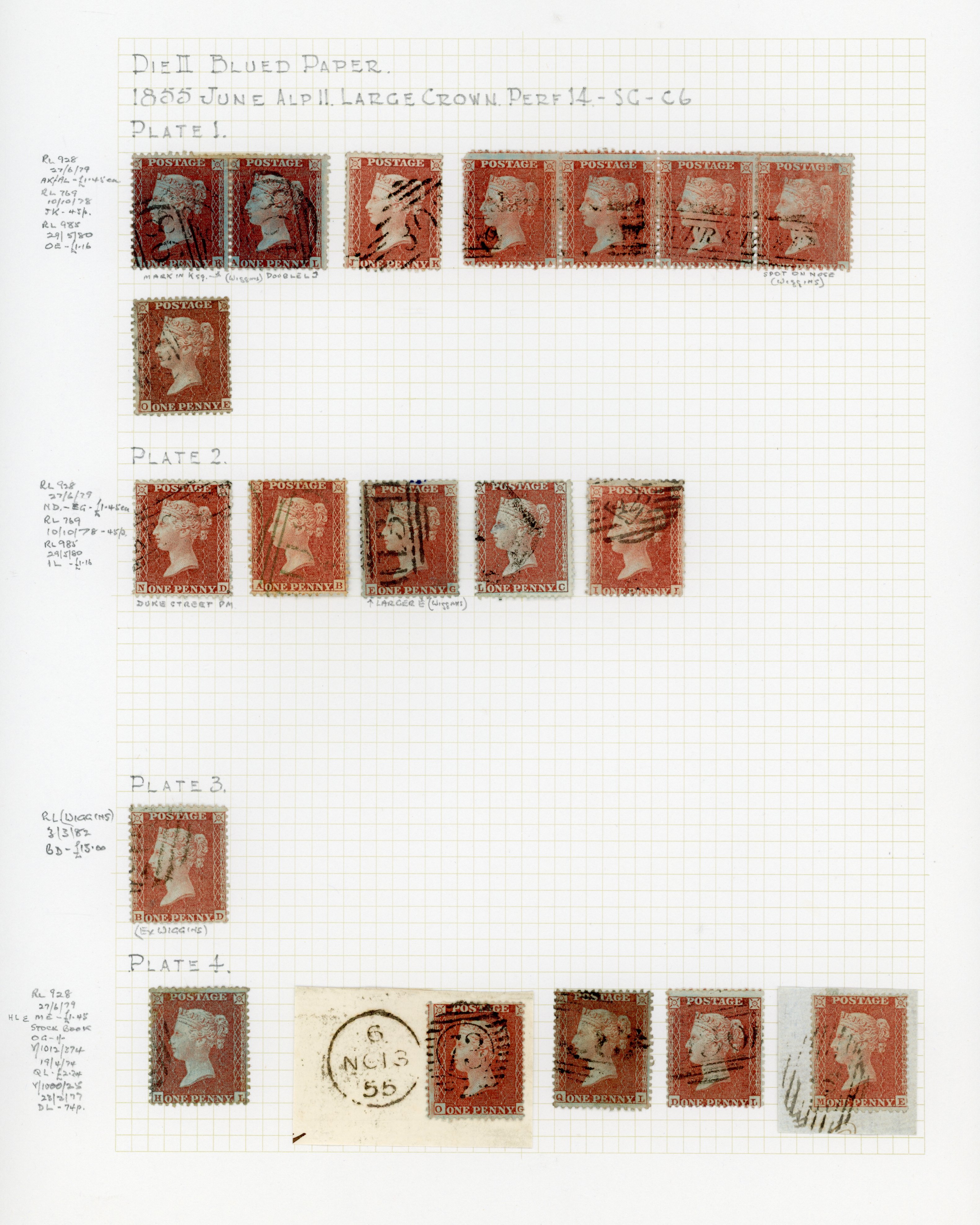 GB 1855 1d red-brown C6 plated collection used