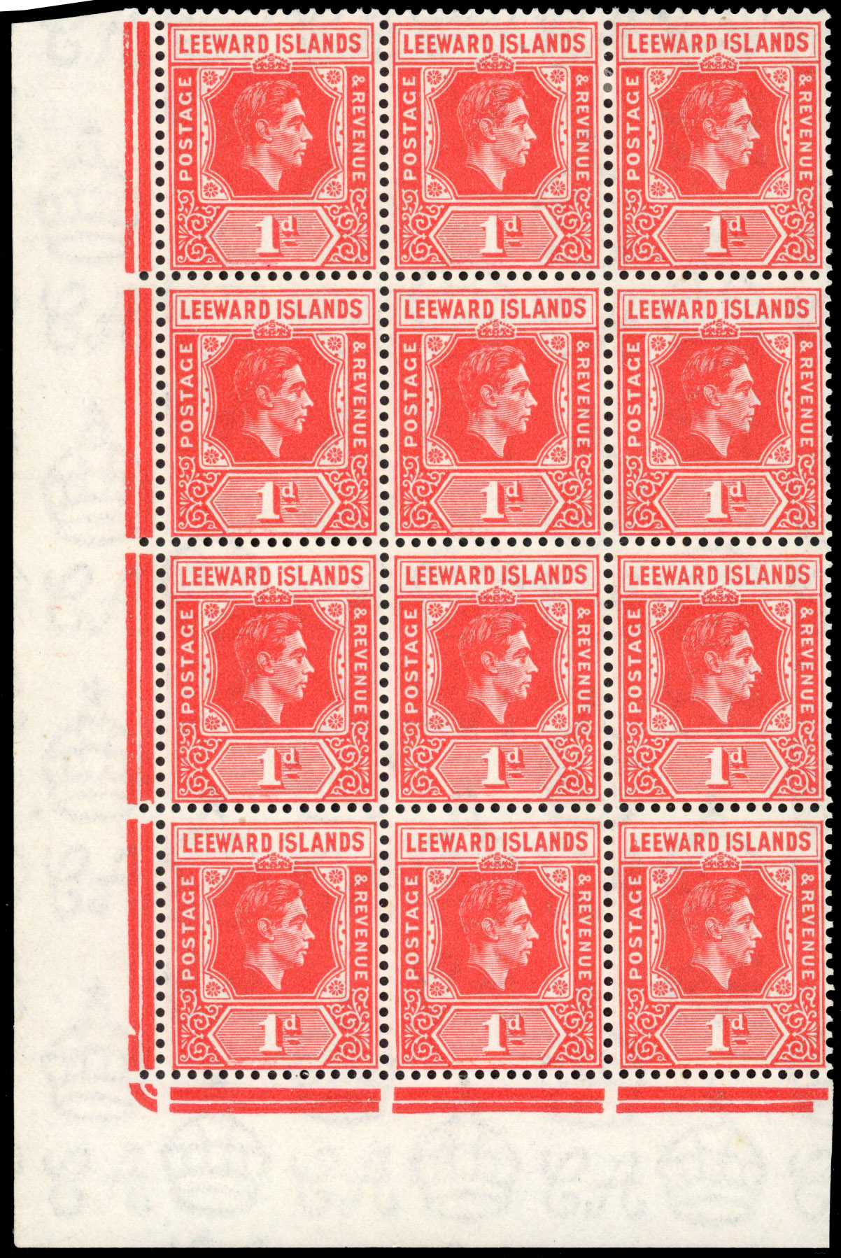 Leeward Islands SG 99a 1940-8 1d 'DI' flaw block mint