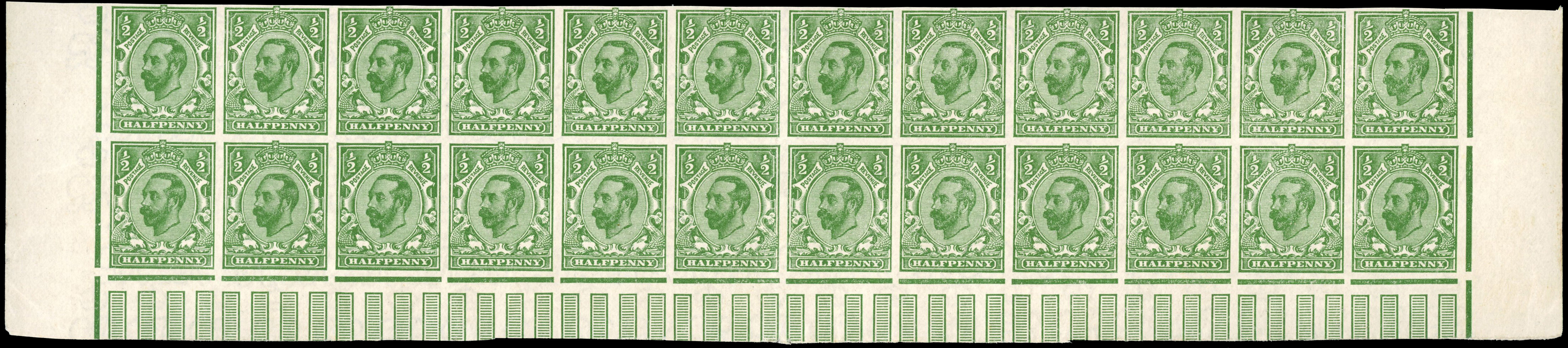 GB 1911 ½d green imperforate block of 24 on experimental paper mint