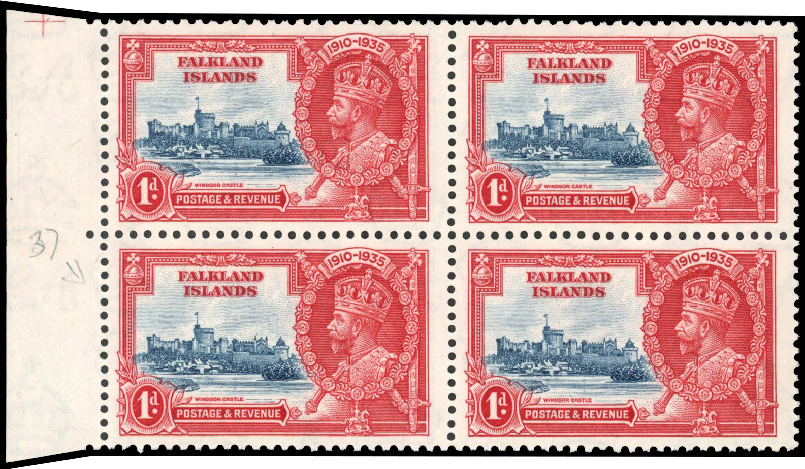Falkland Is SG 139d 1935 Jubilee 1d block flagstaff on right turret mint
