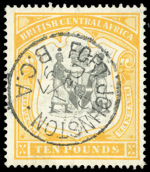 Nyasaland 1897 SG52 Used £10 black and yellow watermark CC