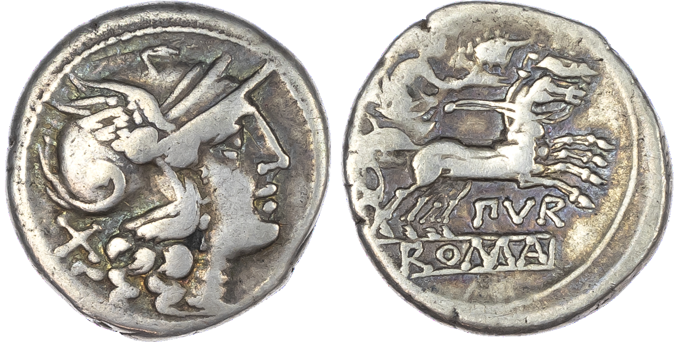 Furius Purpurio (169-158 BC) AR Denarius, Rome, 3.93g. Helmeted head of Roma facing right, X (mark of value) behind. Rev.