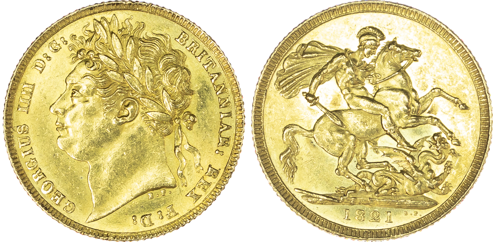 George IV (1820-1827) Sovereign, 1821, laureate head left, reverse St. George and the Dragon (S.3800; Marsh 5). Almost