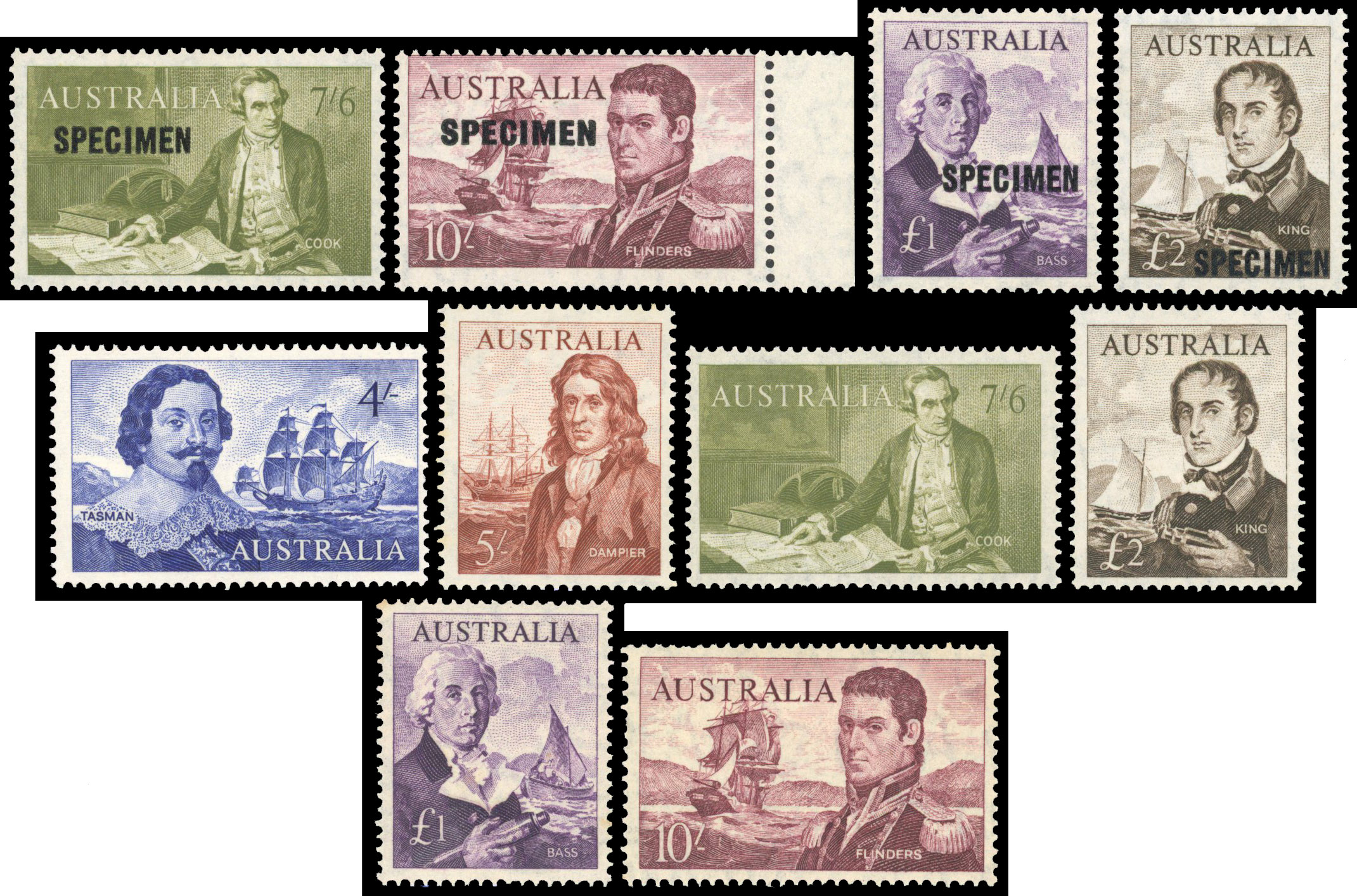 1963 Explorers set of 6 to to £2 plus set of 4 overprinted “SPECIMEN” fine unmounted o.g. (10) SG 355/360, 357s/360s