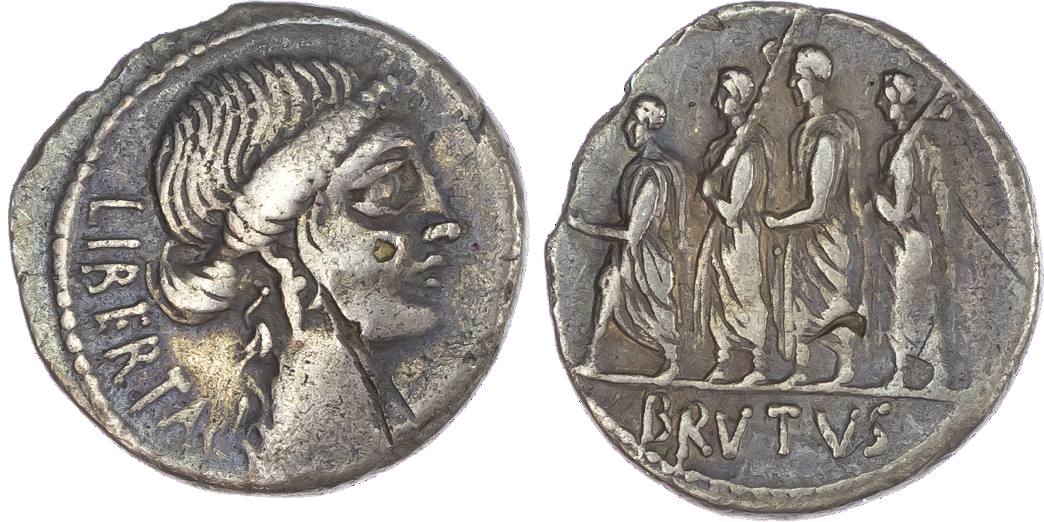 Q. Servilius Caepio (M. Junius) Brutus (54 BC) AR Denarius, mint of Rome, 3.68g. LIBERTAS, head of Libertas facing right.