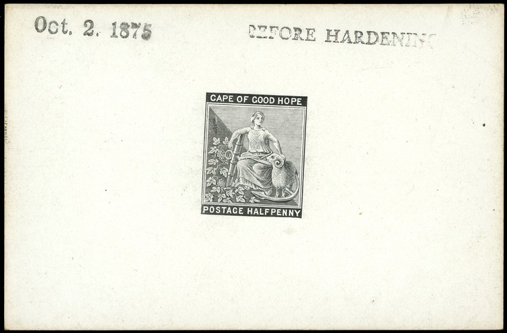 1875 ½d with outer frameline removed Die Proof in black on glazed card (92 x 60mm), marked BEFORE HARDENING and dated Oct 2...
