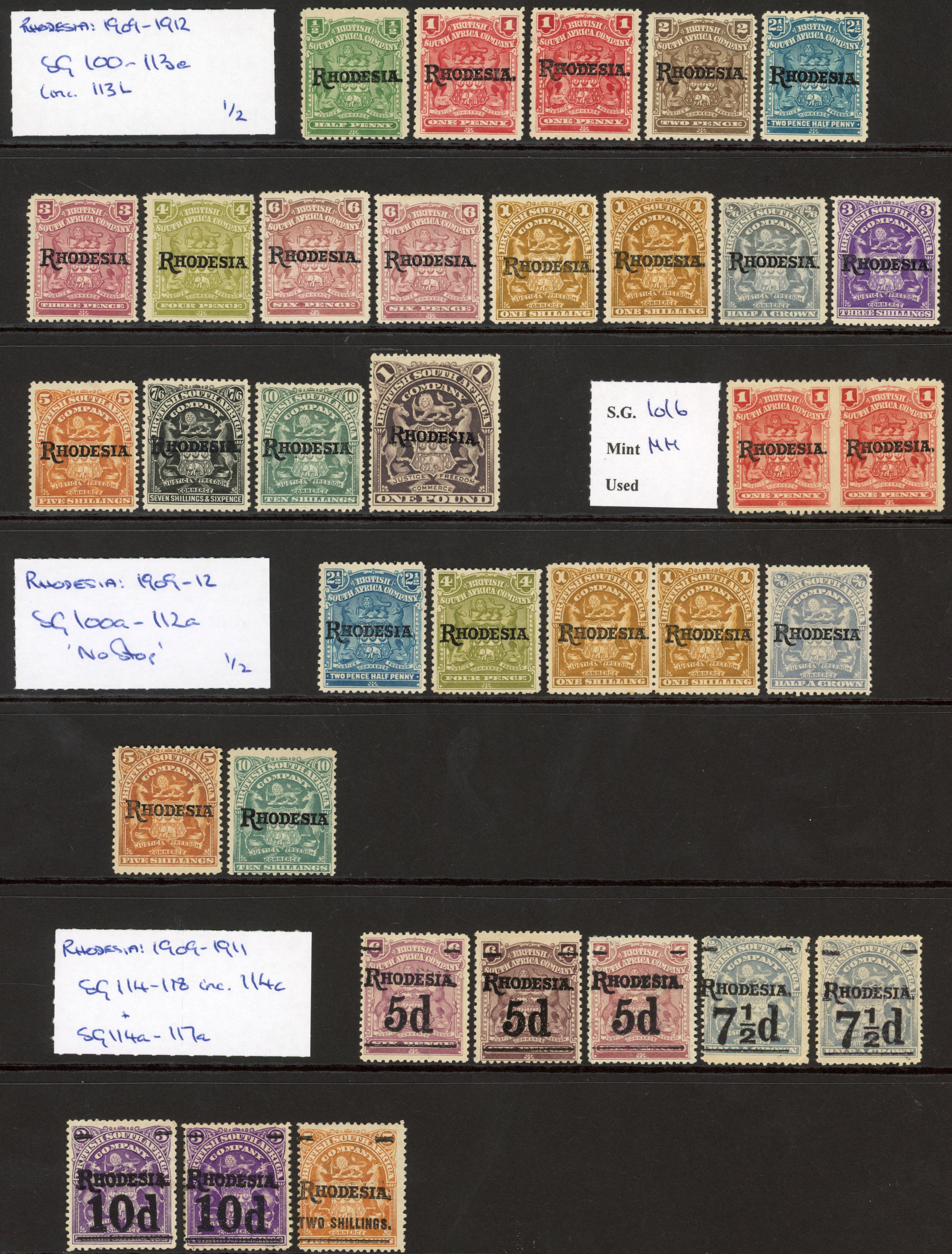 Rhodesia SG 100/118 btwn 1909-12 opt set to £1
