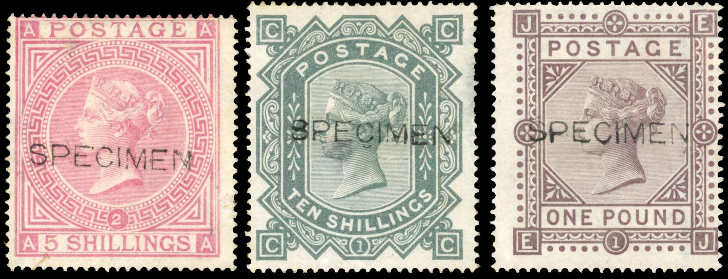 GB SG 127-129s 1867-78 5s, 10s, £1 Specimens