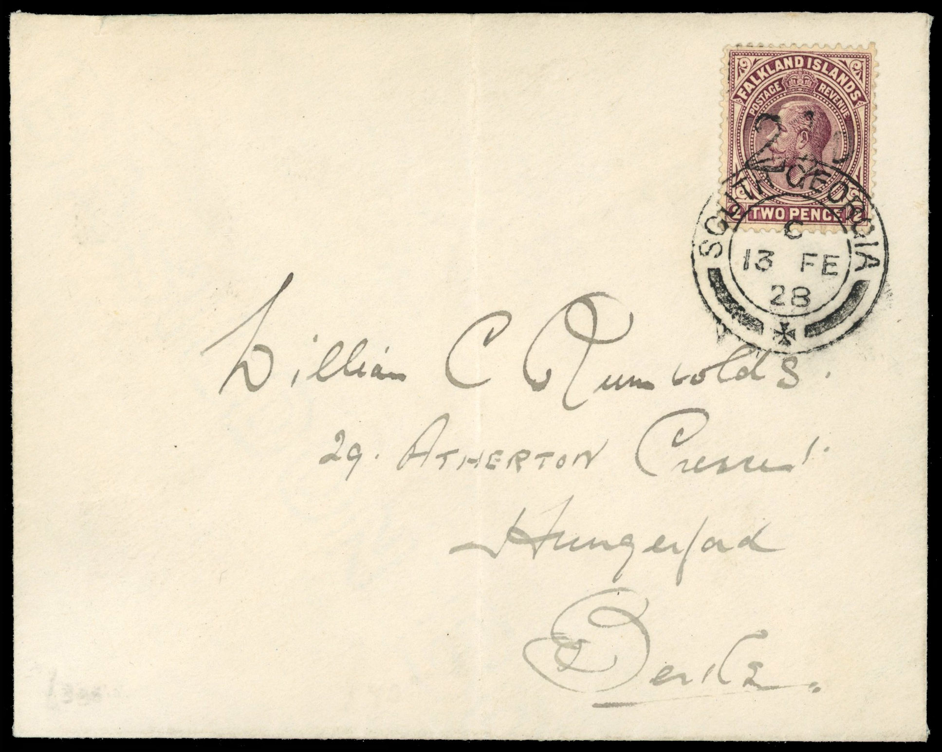Falkland Is SG 115 1928 2½d South Georgia provisional on cover