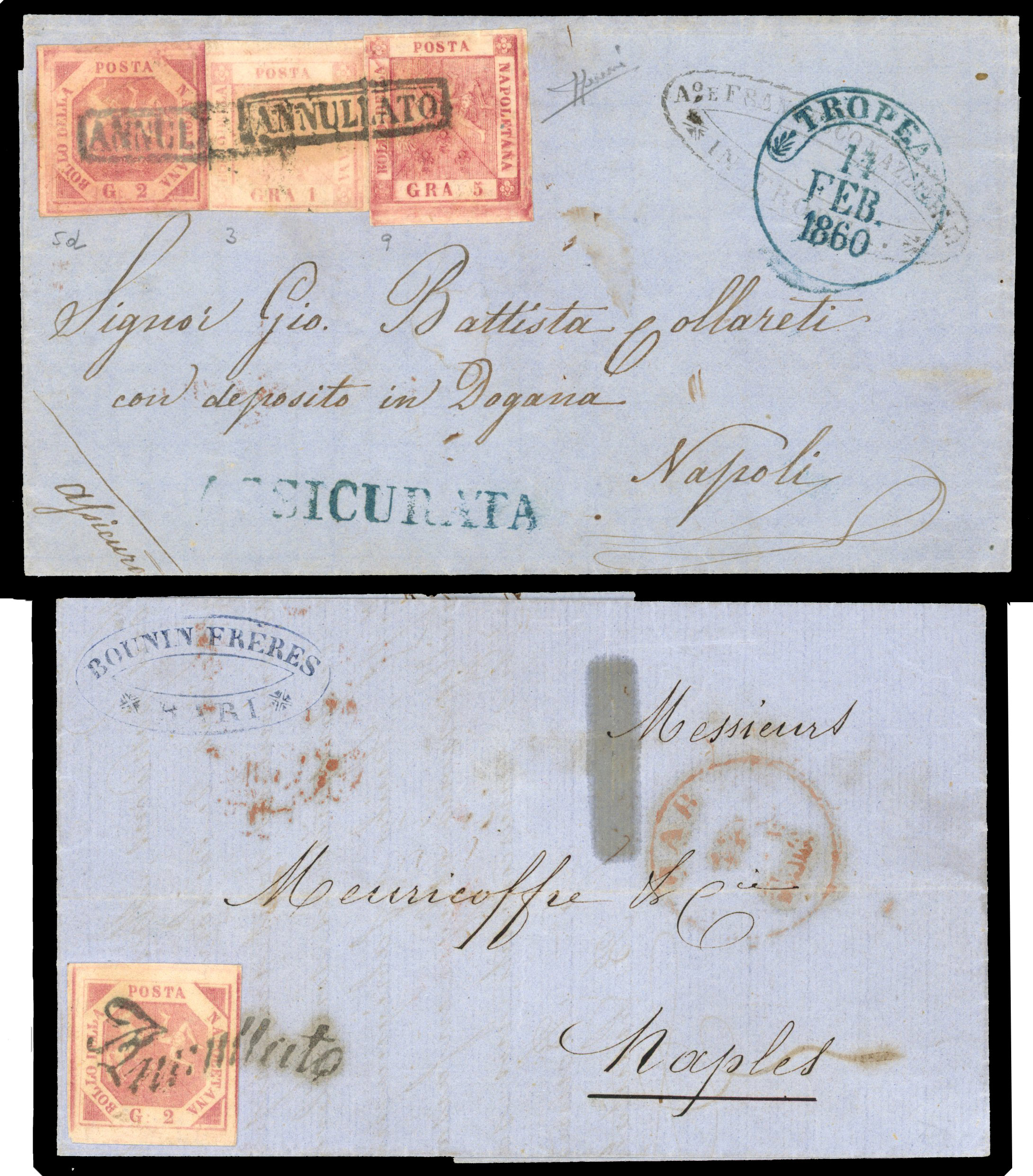 NAPLES: 1859-60 three entire letters addressed to Naples