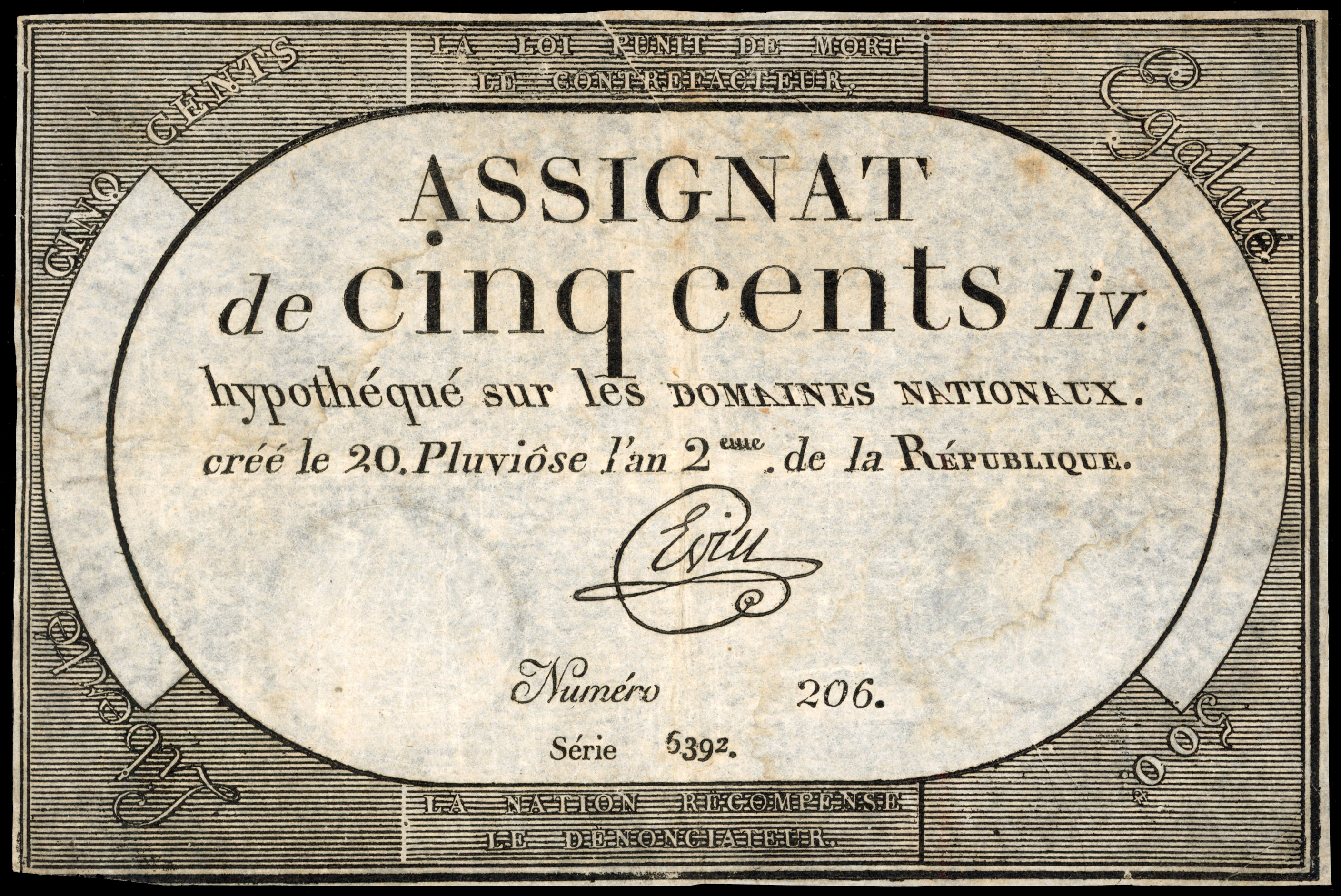 France, Revolutionary Republic, Unissued Assignat of Five Hundred Pounds, 20 Pluvoise, 2nd year of the Republi…