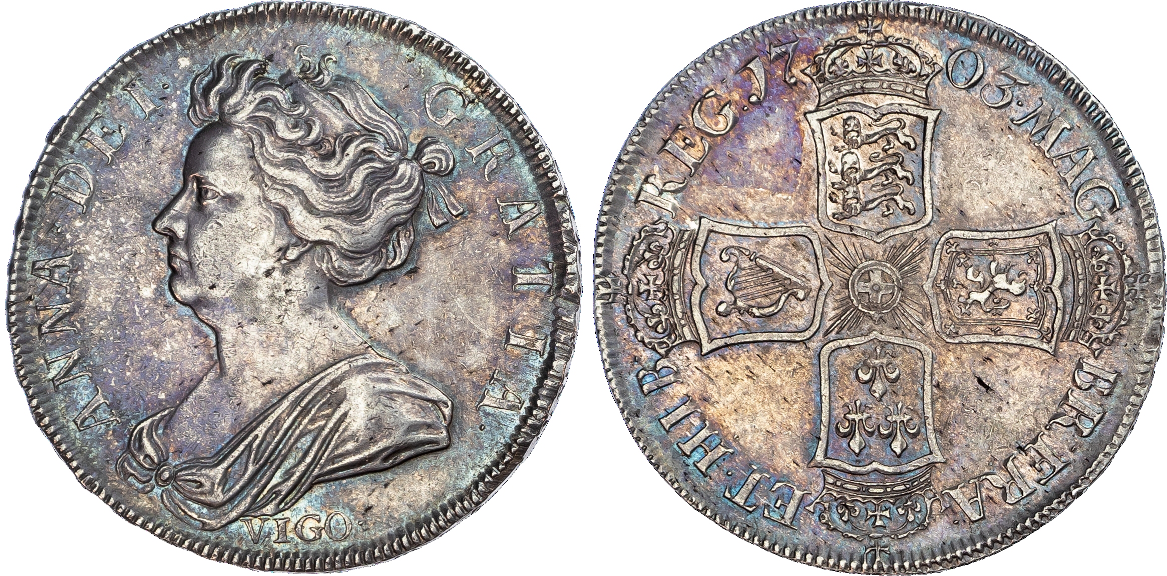 Anne (1702‑14), Halfcrown, 1703, draped bust left, VIGO below