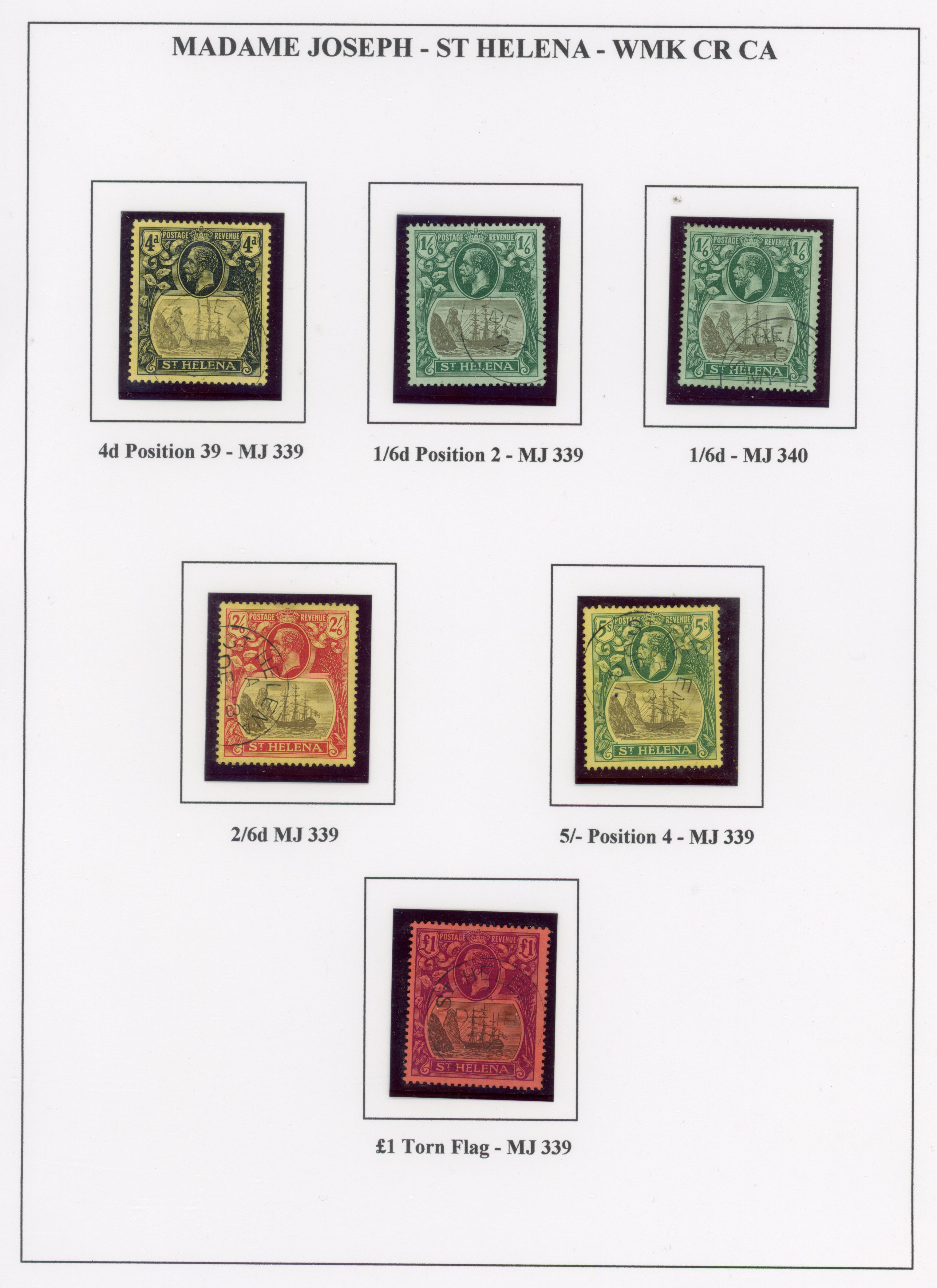 St Helena SG 92-6a £1 Torn Flag, Madame Joseph cancels
