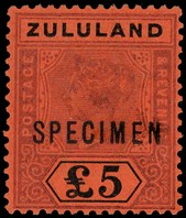 1894 £5 purple and black on red paper overprinted SPECIMEN Type D12, fine large part o.g.  SG 29s,...