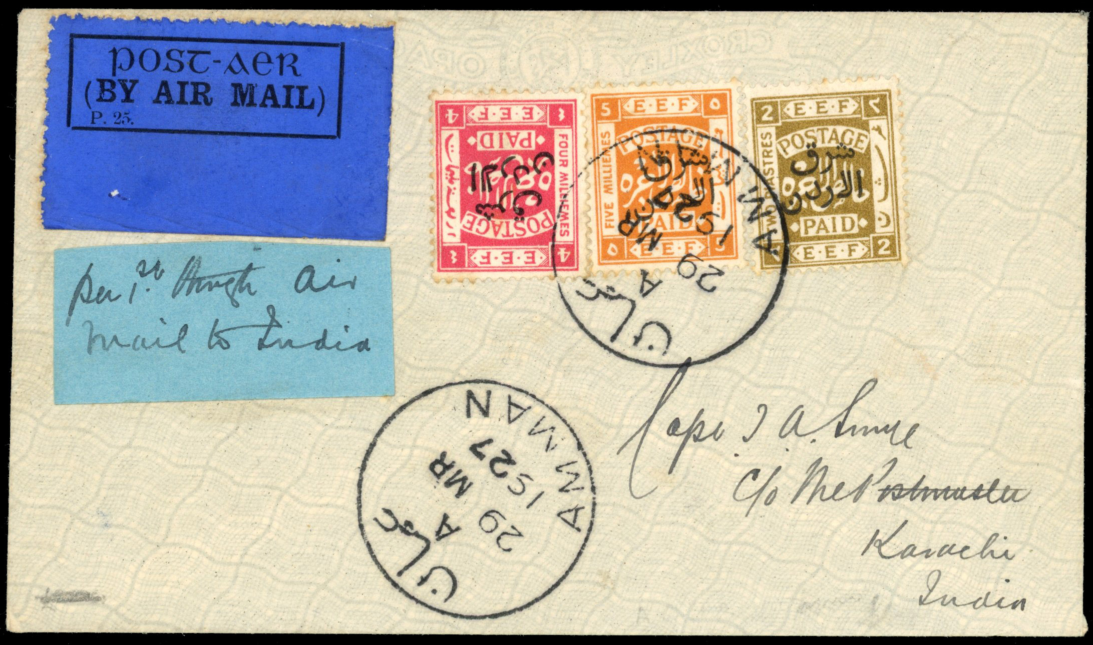 Jordan 1927 first flight cover Amman to Karachi