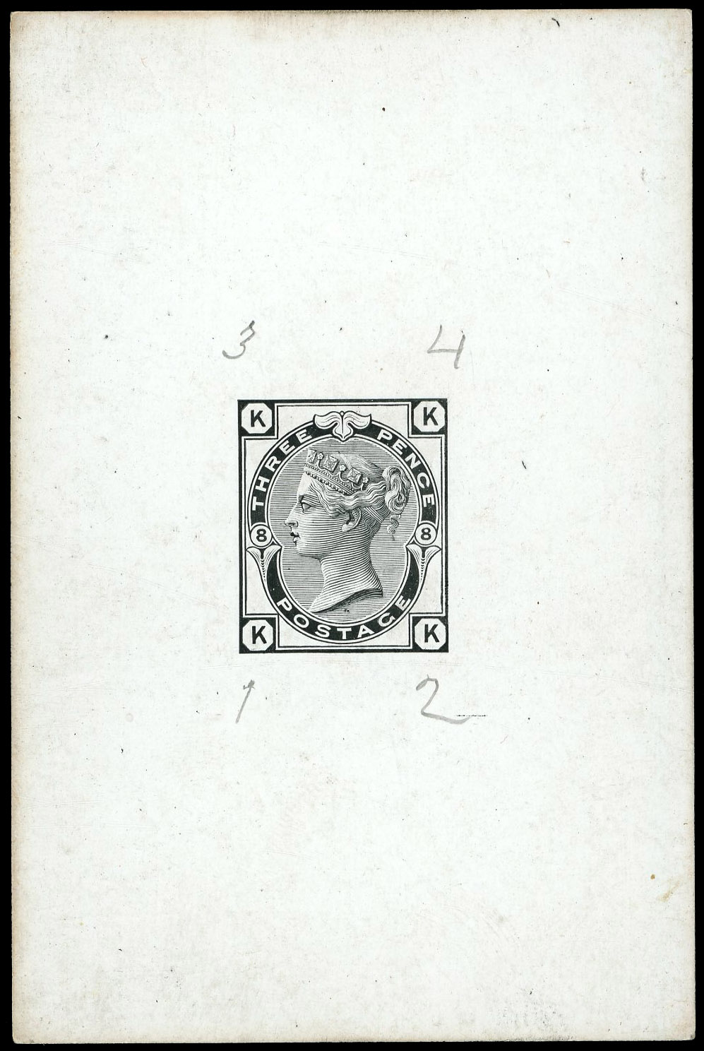 c.1872 3d rose Pl.8. Very fine die-proof printed in black on white glazed card (61x93mm) lettered KK-KK, pencilled aroun…