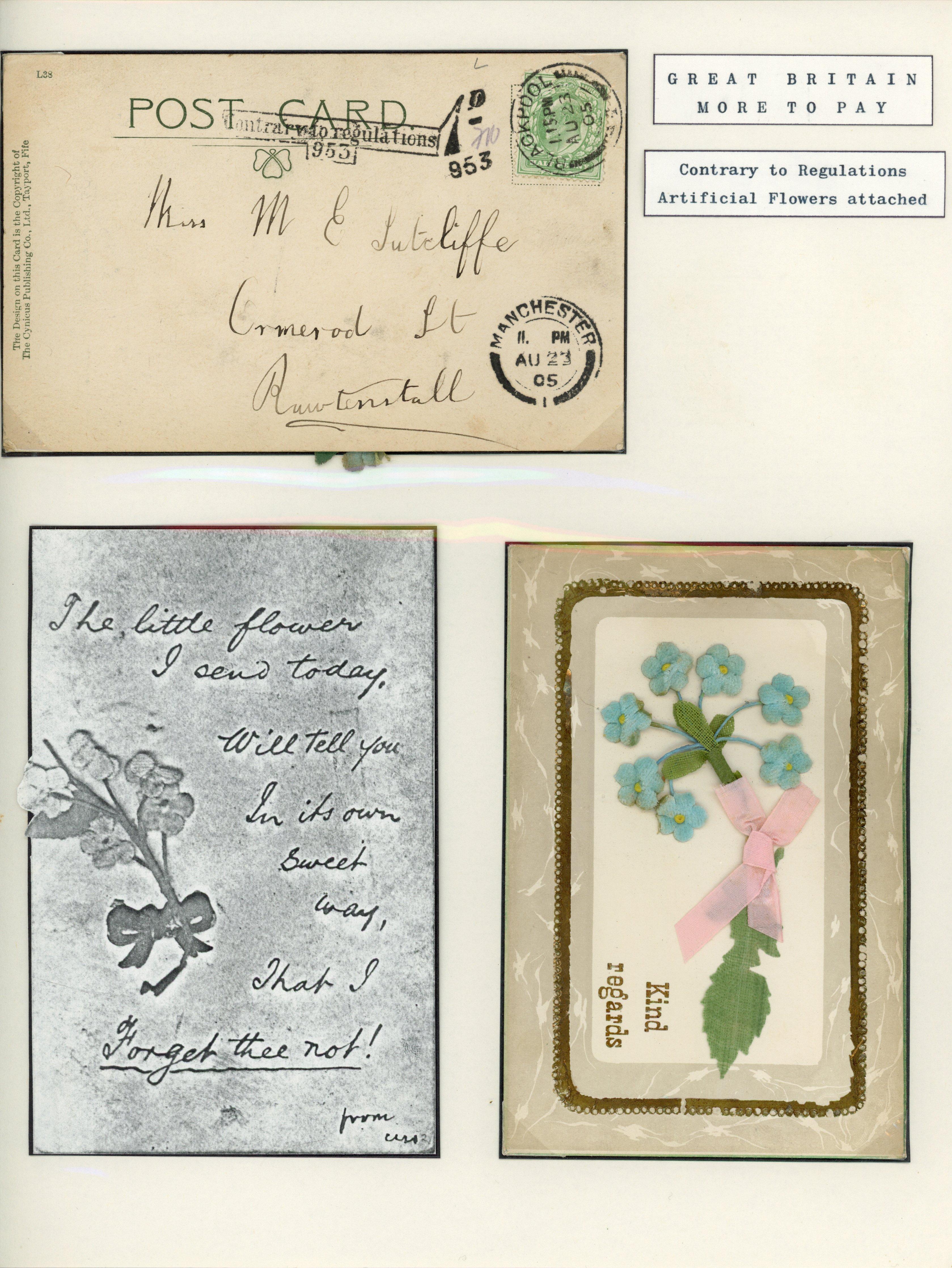 Great Britain 1905 pair of novelty postcards with felt flowers attached