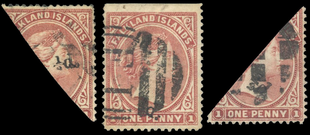 Falkland Islands SG 13, a 1891 ½d on 1d red-brown bisects used