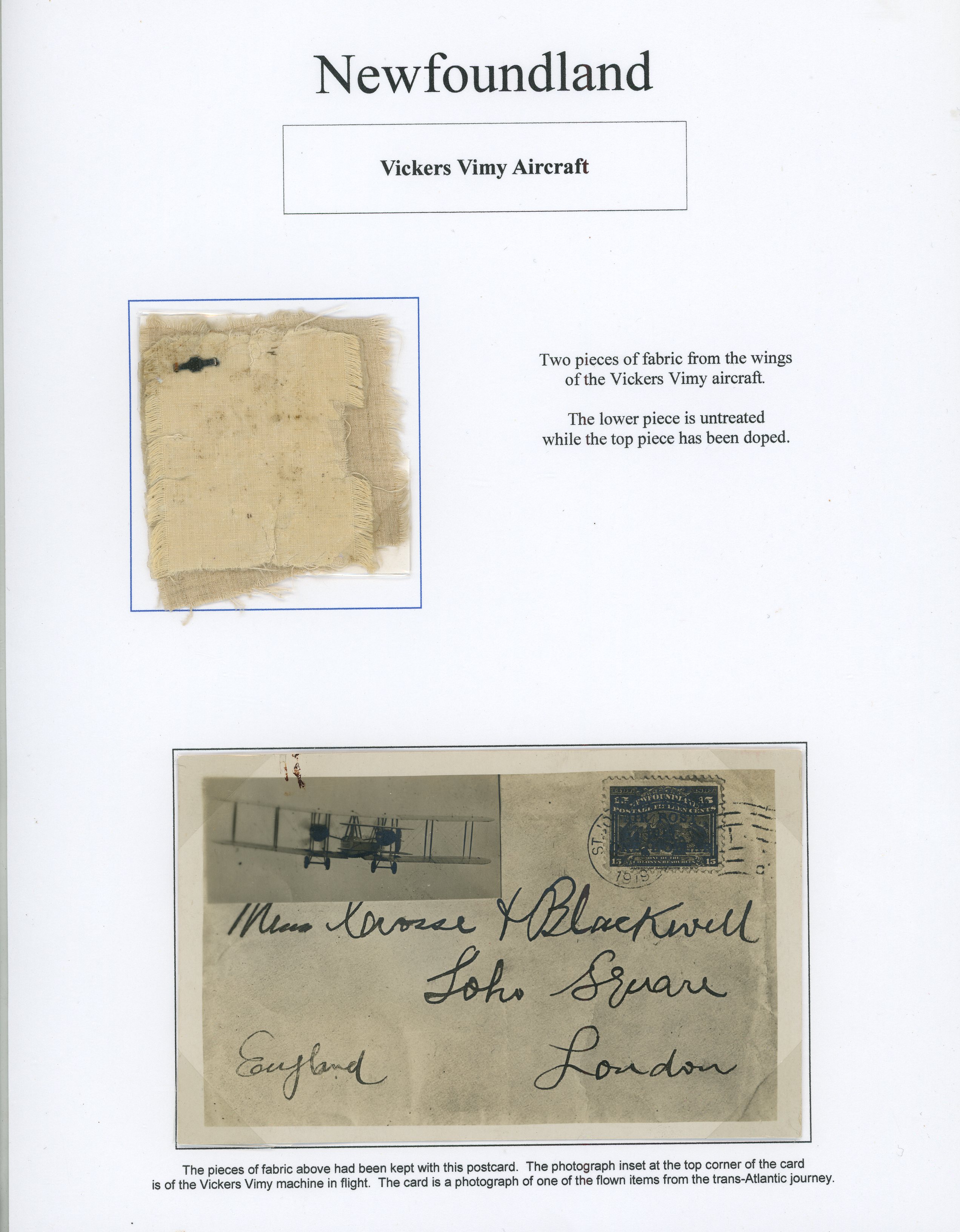 Newfoundland EPHEMRA: 1919 fragment canvas piece purported to be from the wings of the Vickers Vimy...