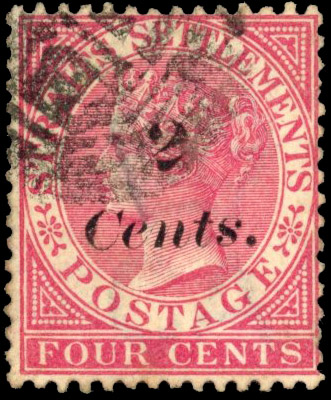 Straits Settlements SG 61a 1882 2c on 4c inverted 's' used