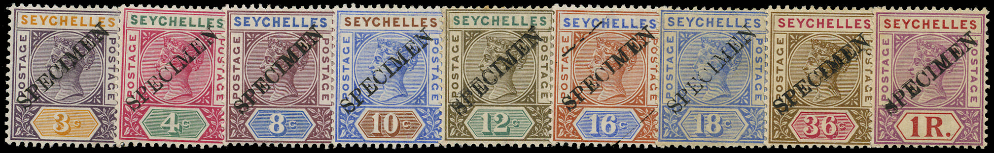 Seychelles 1897 Specimen QV presentation set to 1r with local overprint, SG10/34var