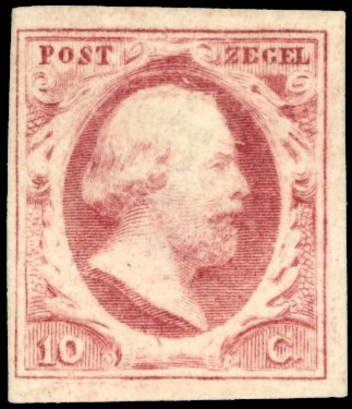 Netherlands 1852-63 10c carmine, plate VII with horn, close to large margins, mint