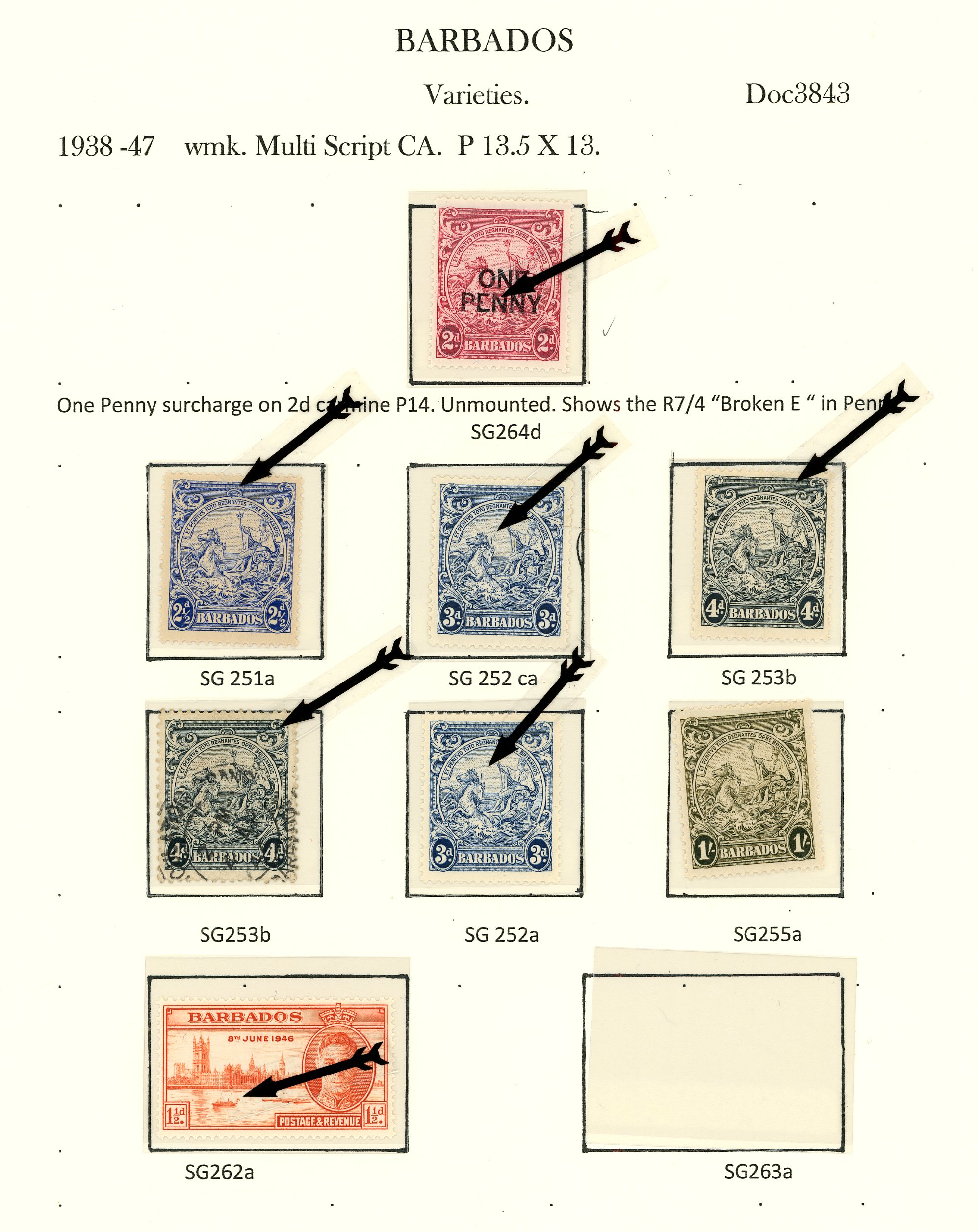 1938-47 varieties group (large part o.g. unless stated) including SG 250da in block with the variety unmounted