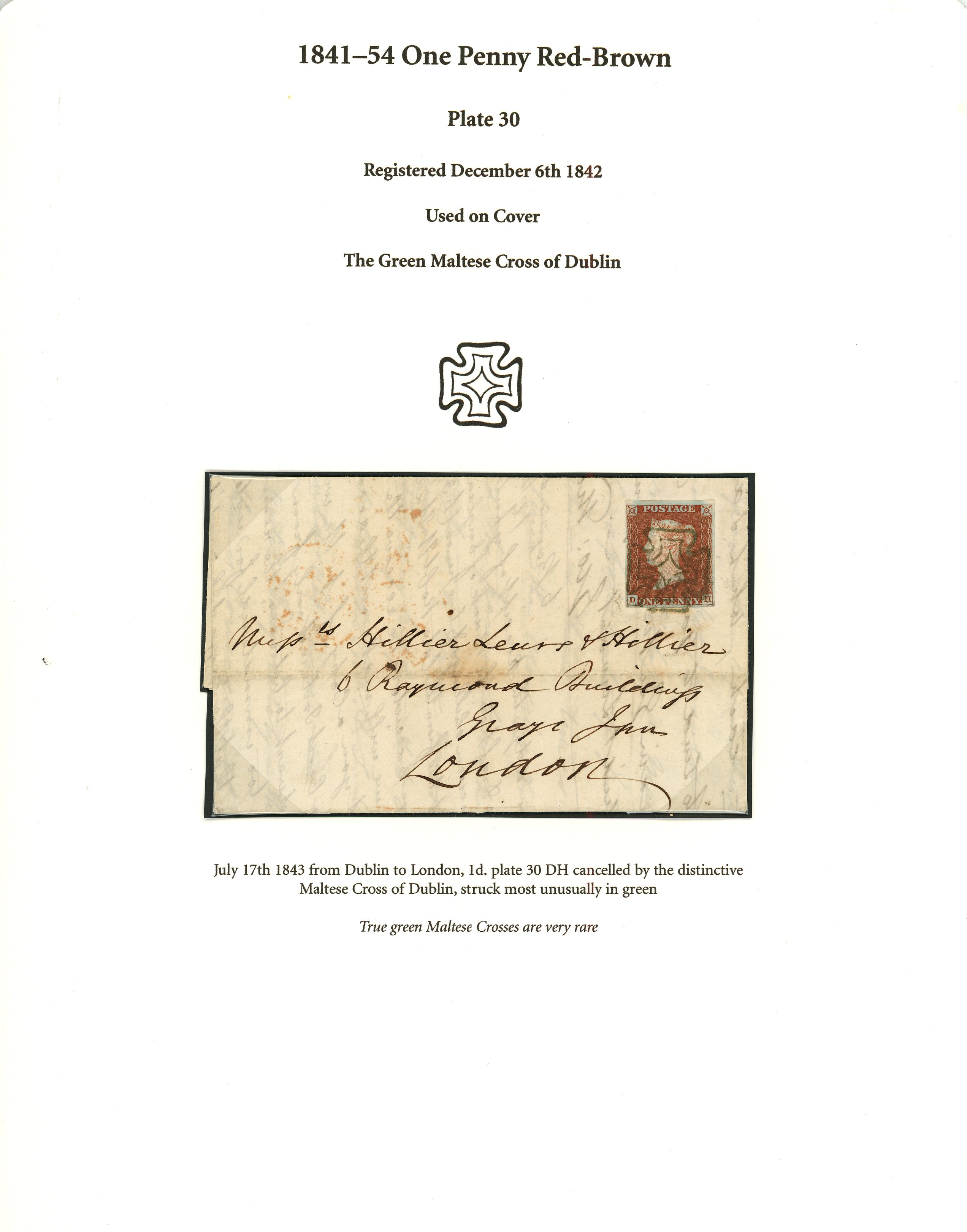 1843 (17th July) entire Dublin to London bearing 1851 1d red-brown, plate 30 (DH) tied by distinctive Dublin...