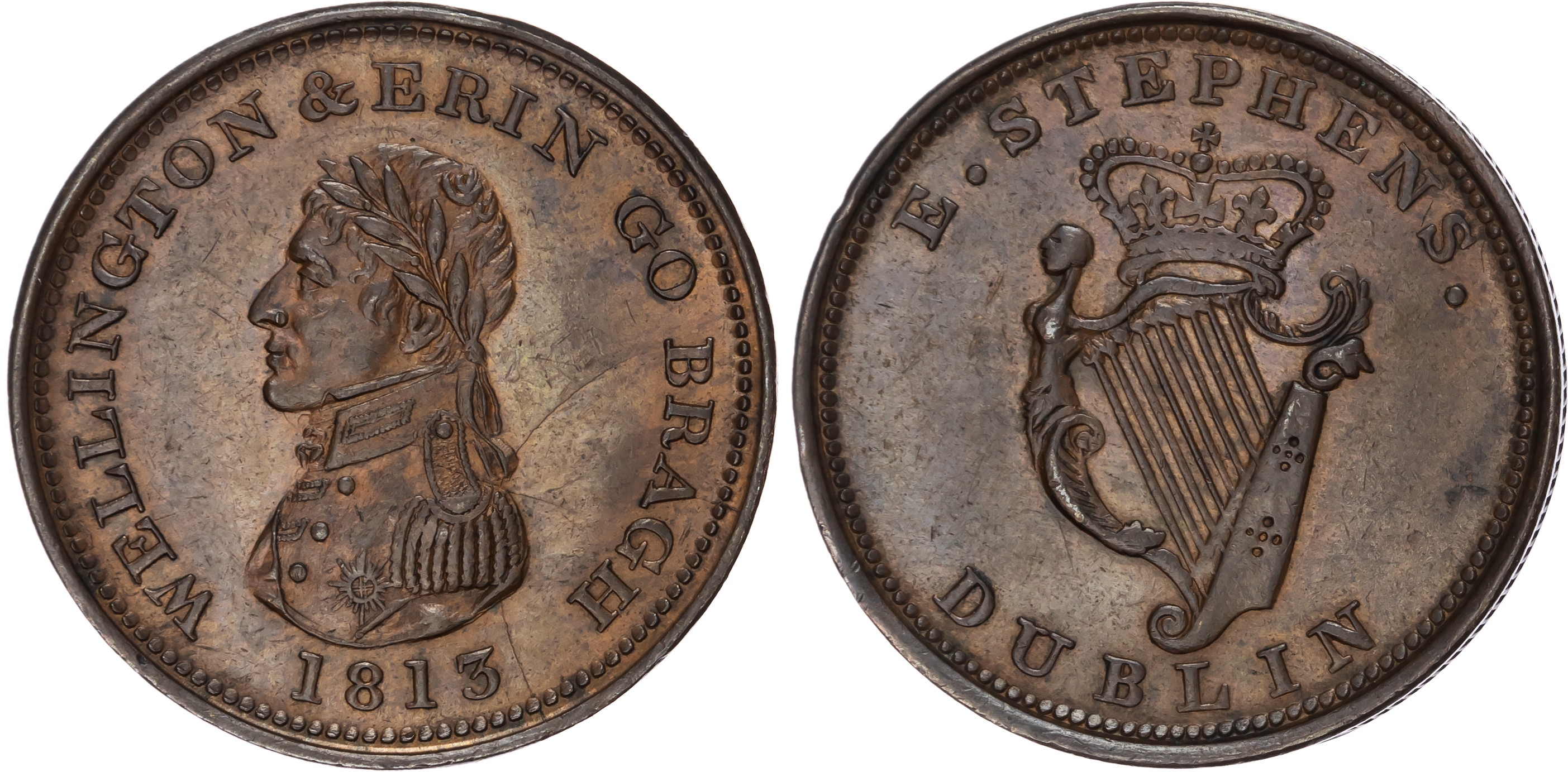 DUBLIN, Co. Dub. Edward Stevens Penny 1813, Laureate and uniformed bust of Wellington left, rev. Crowned Irish…
