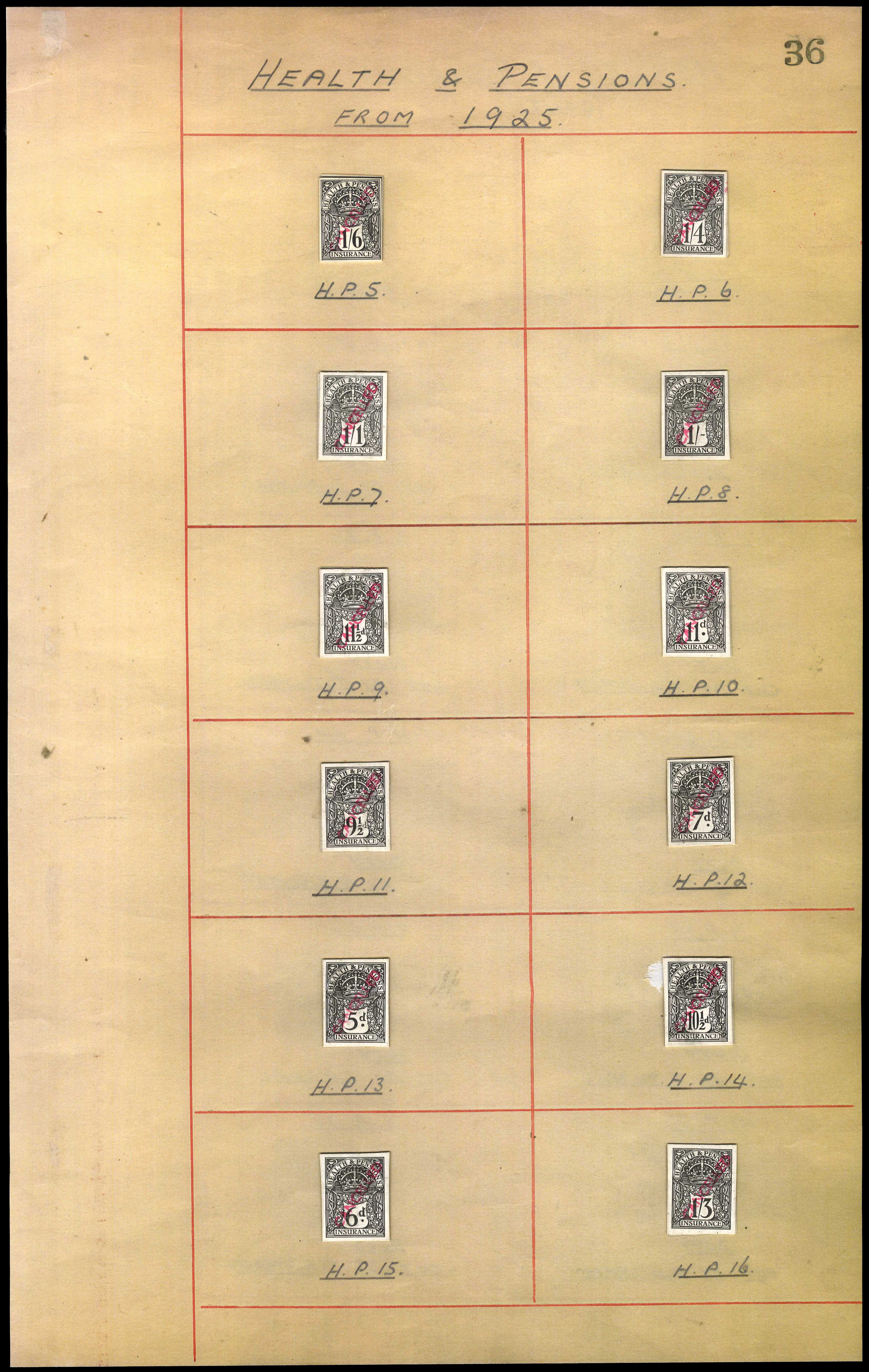 GB. Health and Pensions Insurance. 1925-1945 Royal Mint imperforate die proofs
