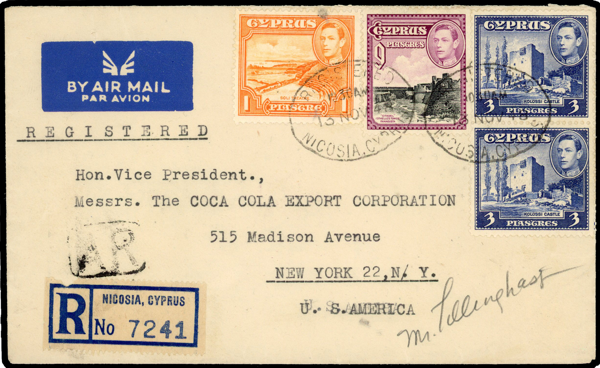 1948 registered (AR) air mail cover to New York franked 1pi, 2 x 3pi and 9pi tied Nicosia oval date stamp ‘13 NOV 48’