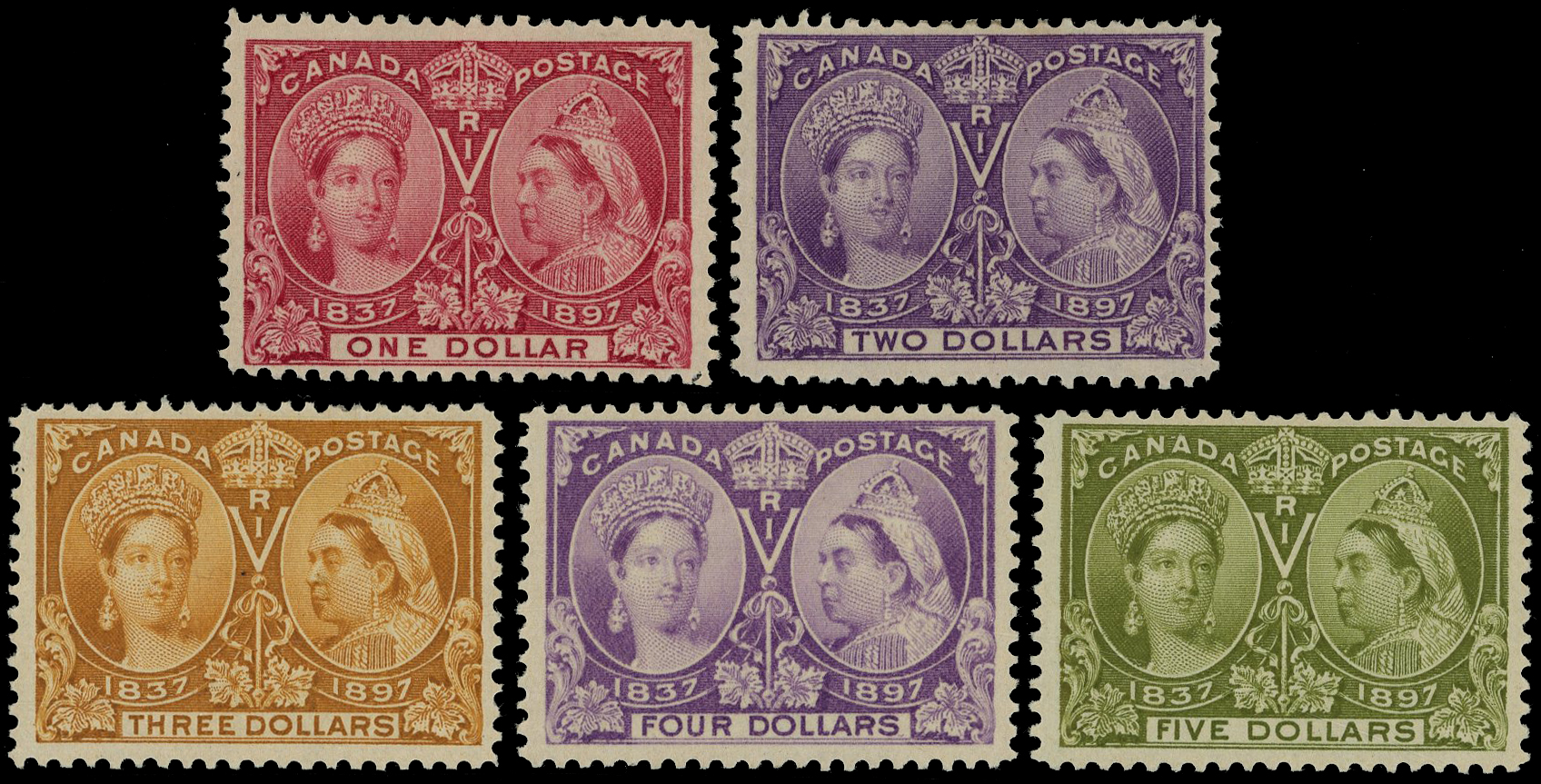 CANADA: 1897 $1 to $5 Jubilee issue, fresh facially large part o.g. (5) SG 136/140