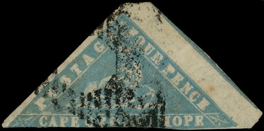 1861 'Woodblock' 4d milky blue, used.  Margins good at left, very large at right and cut into at base, slightly heavy...