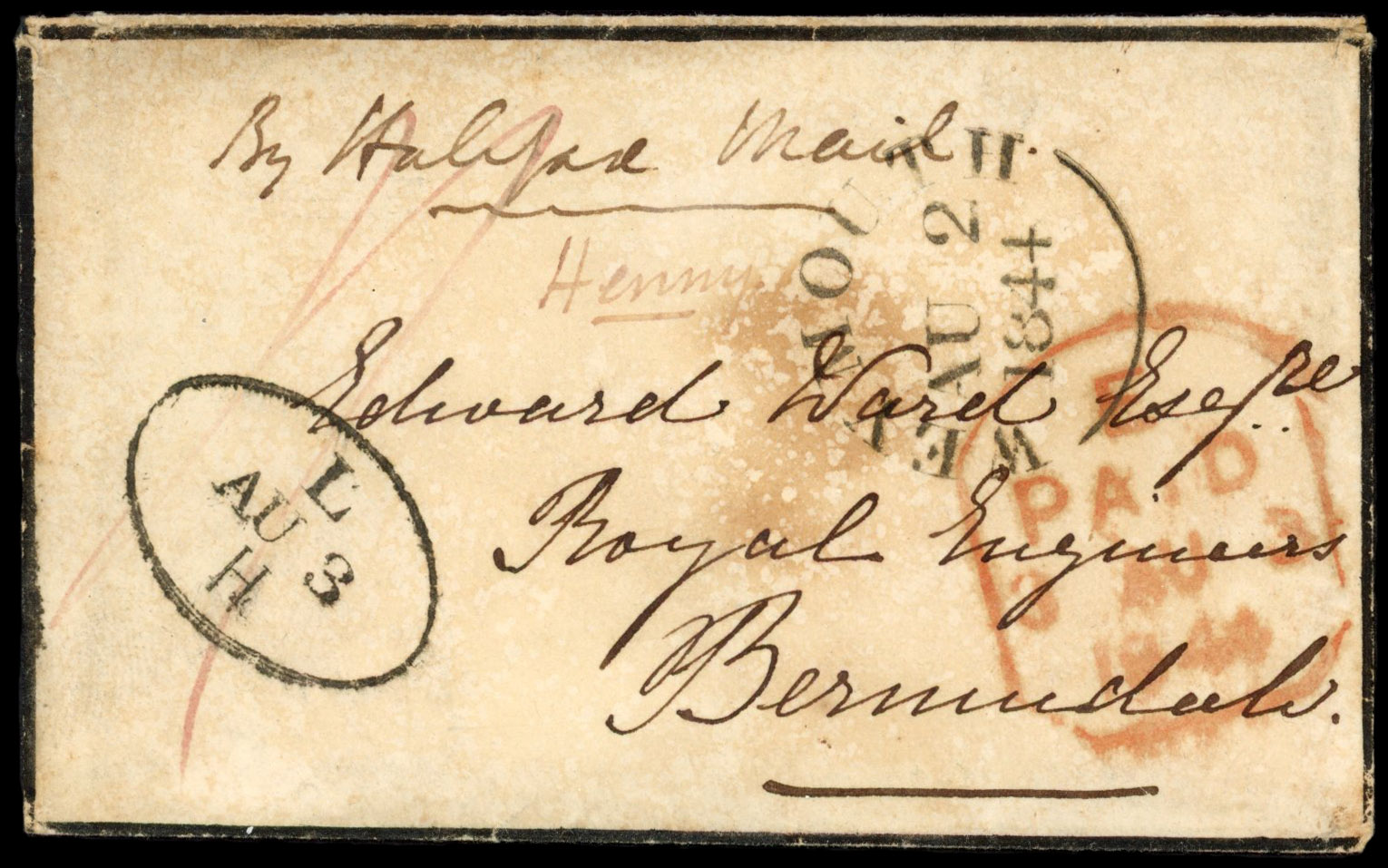 GB 1844 miniature mourning envelope to Bermuda