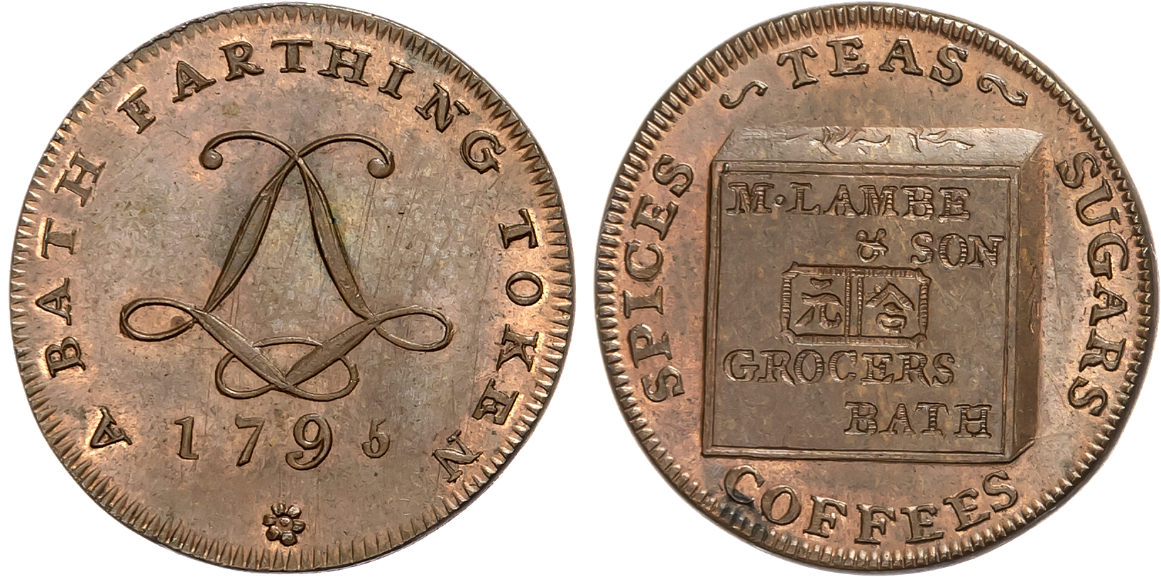 Som. Bath , Mary Lambe & Son Farthing 1795, L cypher over date, rev. Chinese tea bale, edge rounded plain, 23.5mm/4.38gm …
