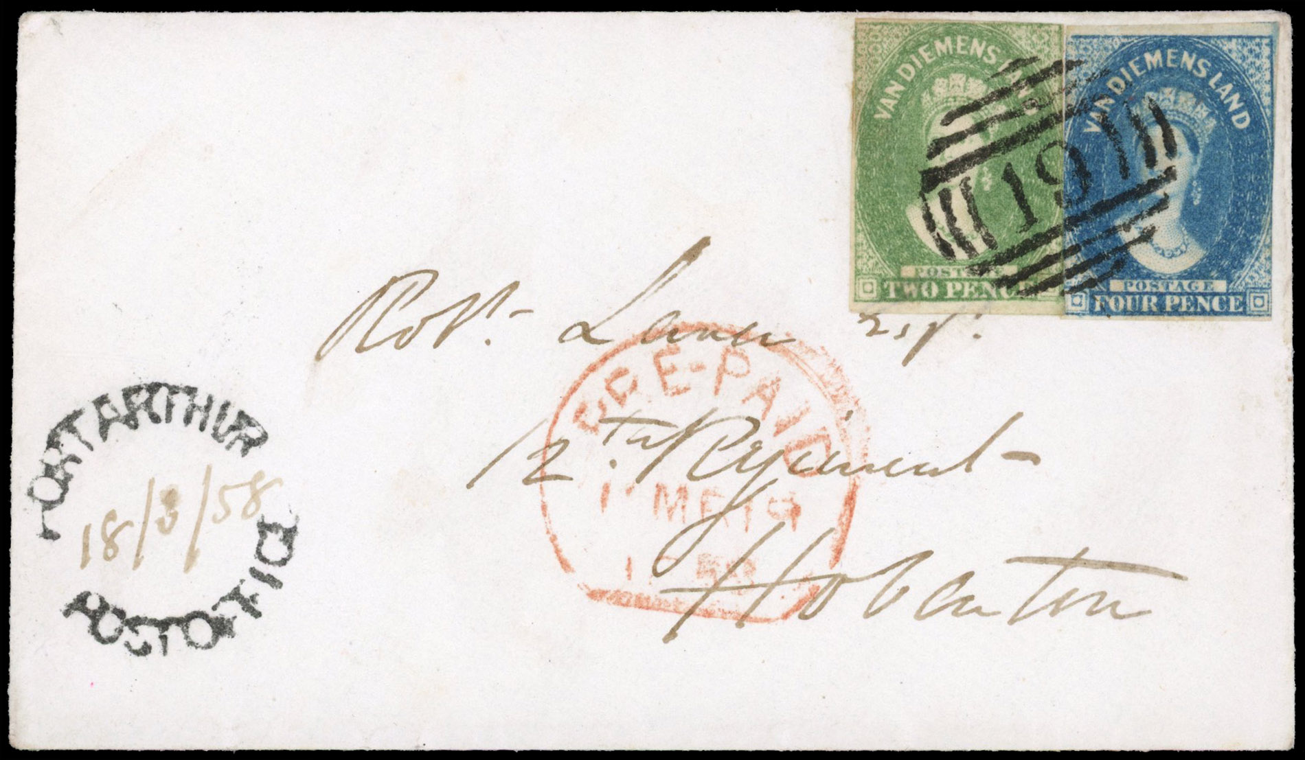 Tasmania. 1858 cover with fine strike of PORT ARTHUR/ POST OFFICE despatch handstamp