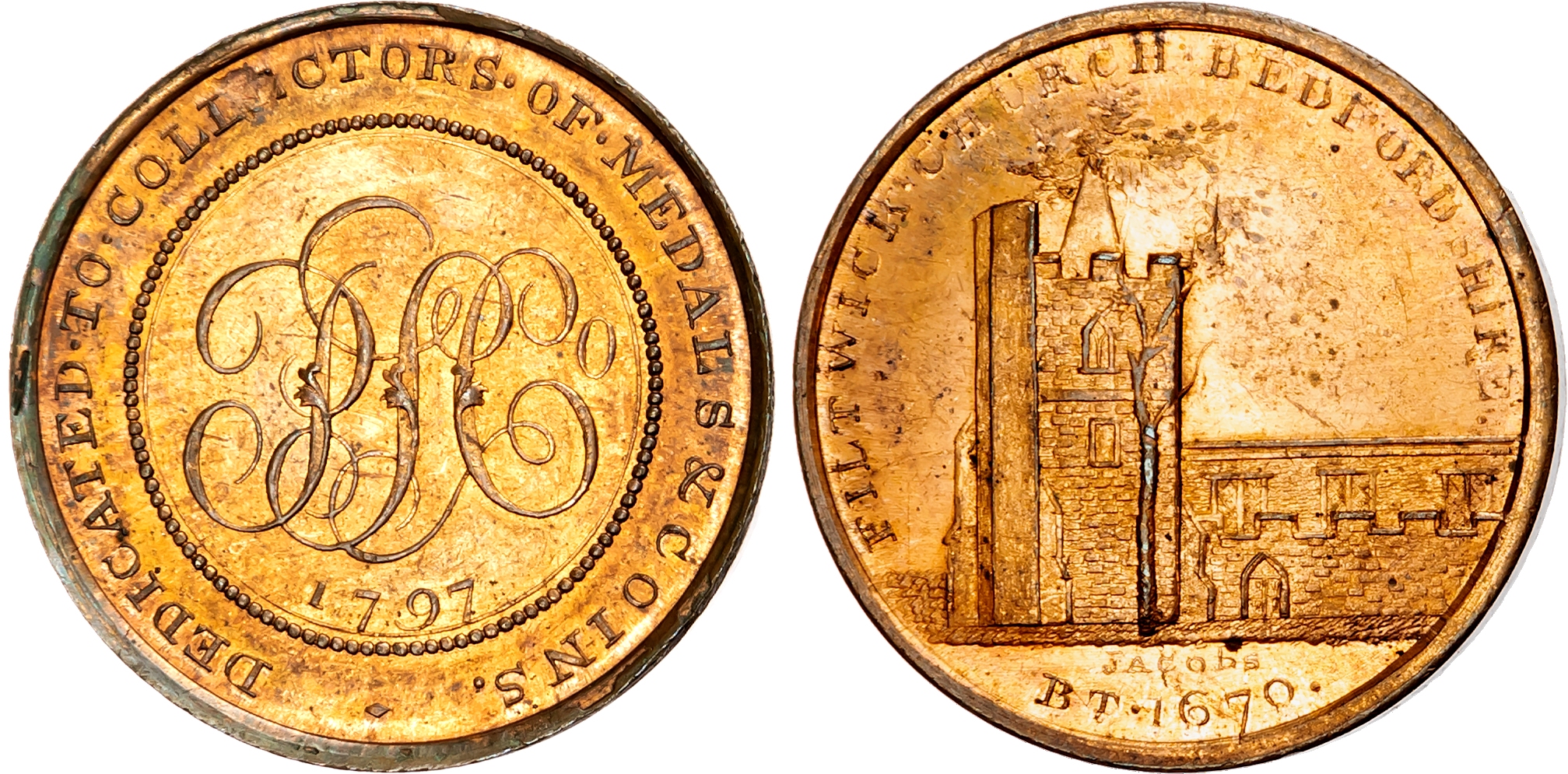 Beds. Flitwick , Skidmore’s Church Series Halfpenny 1797. View of Flitwick church, rev. PSCo cypher, edge plain. 29m/11. …