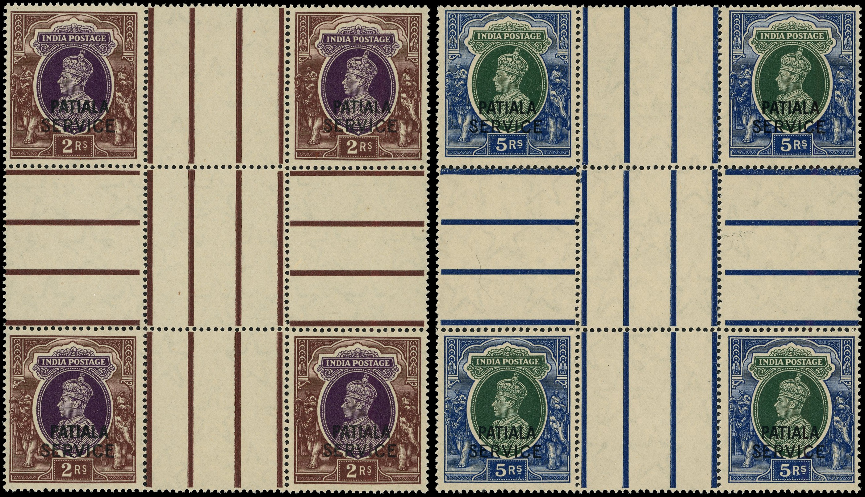 ICS PATIALA SG O82/4 1939-44 KGVI 1r, 2r, 5r "heart of sheet" blocks of four, o.g.