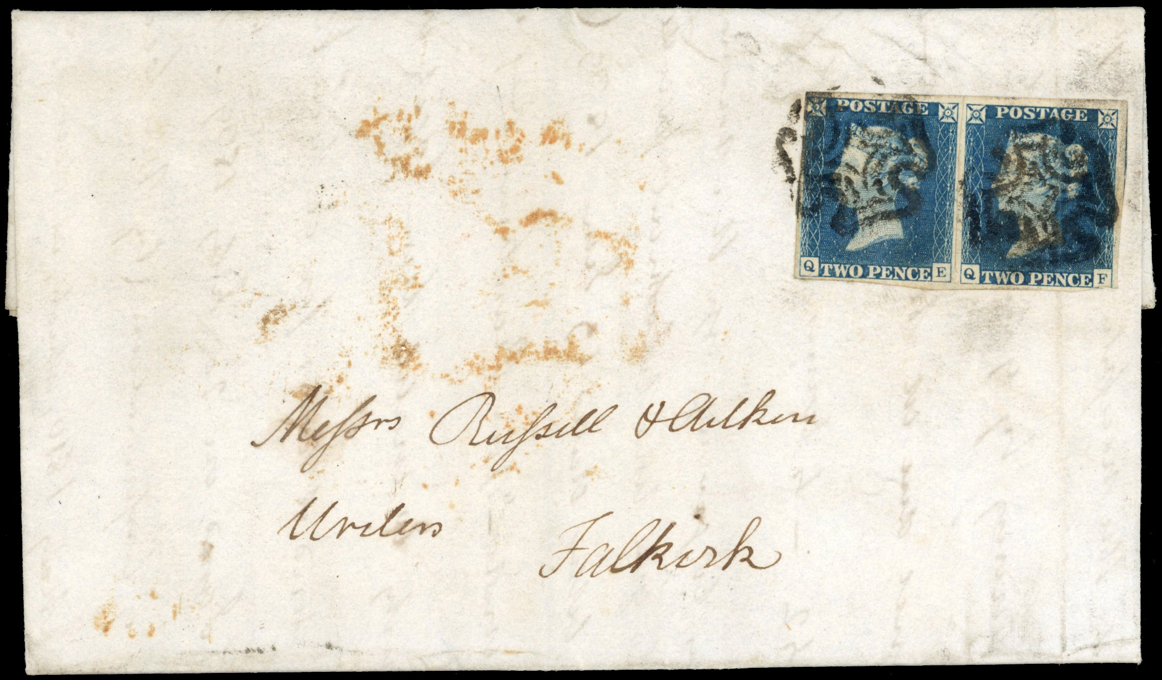 GB 1840 2d blue, plate 1, horizontal pair (QE-QF), on cover tied by Stirling Maltese crosses