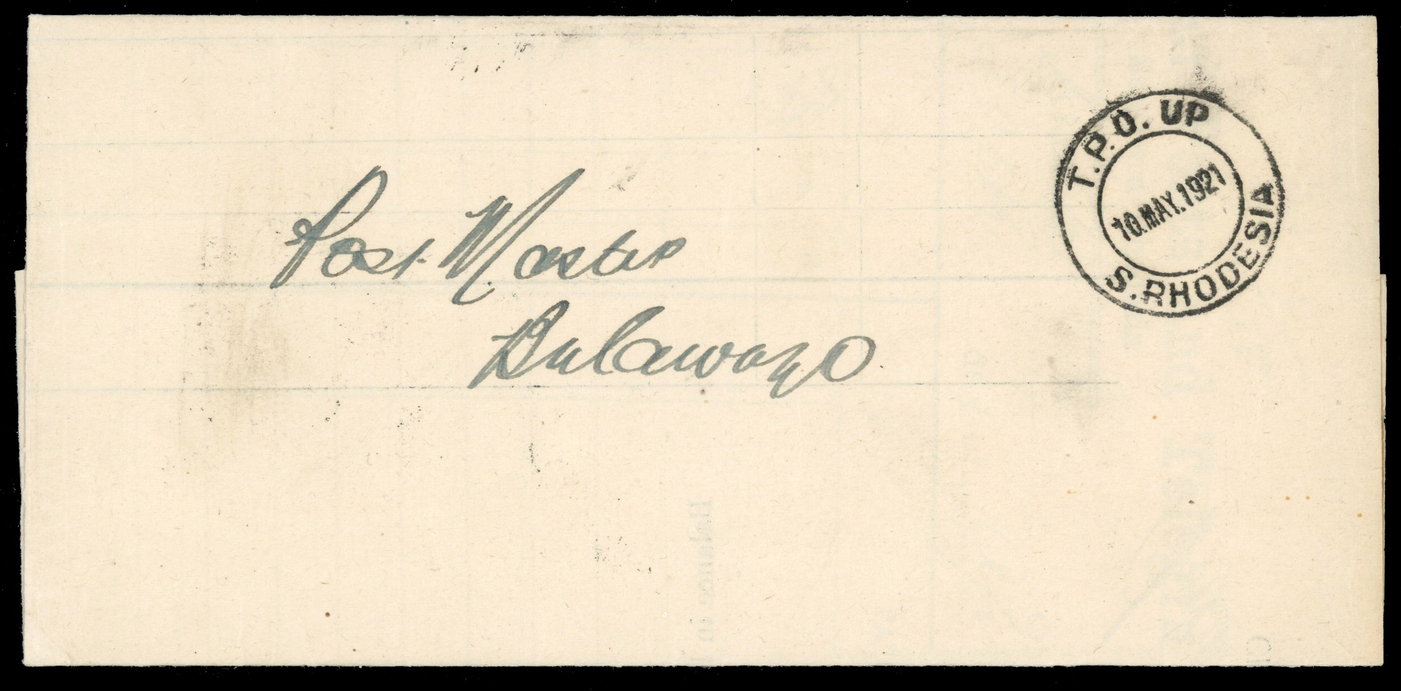 Rhodesia 1921 stampless official entire with TPO UP