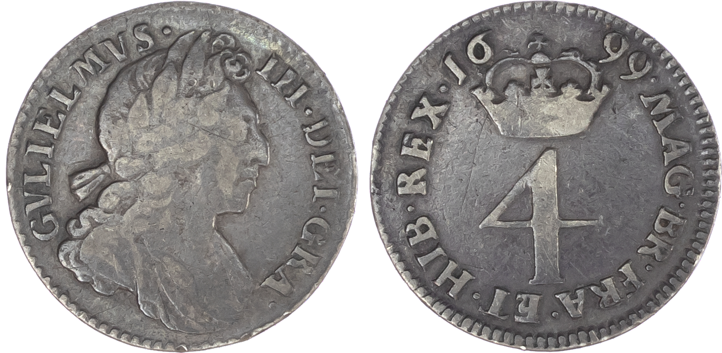 William III (1694-1702), Maundy Set, 1699, Fourpence, Threepence, Twopence, Penny, laureate and draped bust right, toothed
