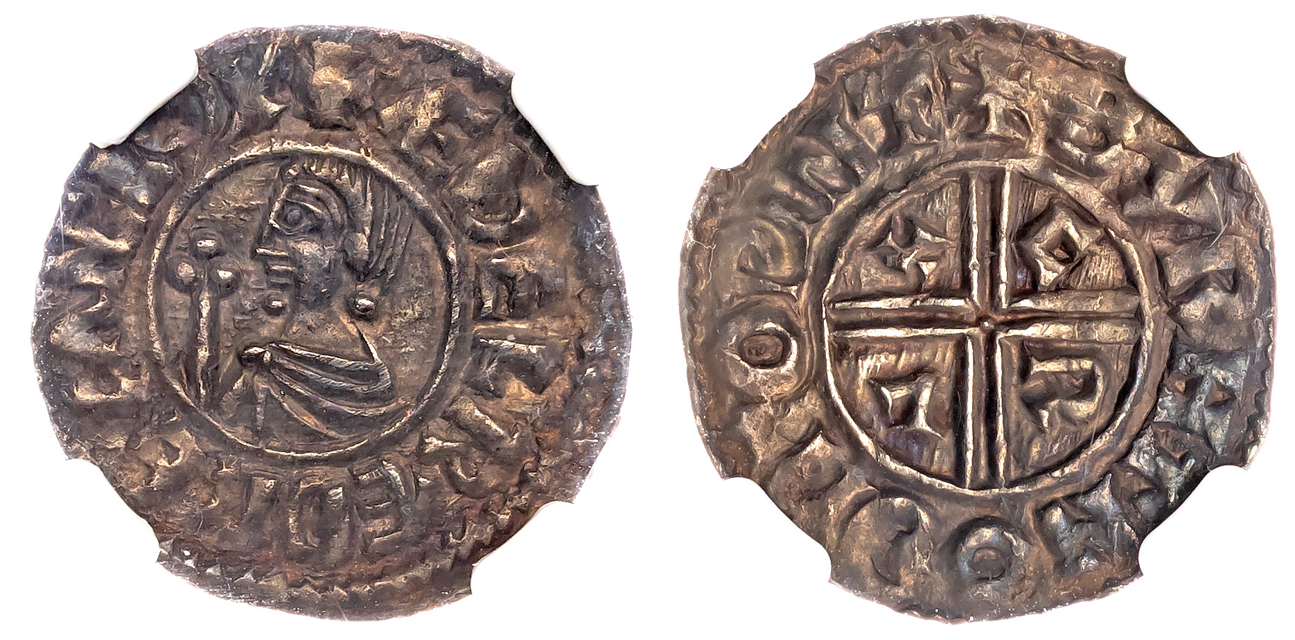 Aethelred II (978-1016), Penny, CRVX type BMC IIIa, Winchester, moneyer Byrhtnoth. NGC AU58