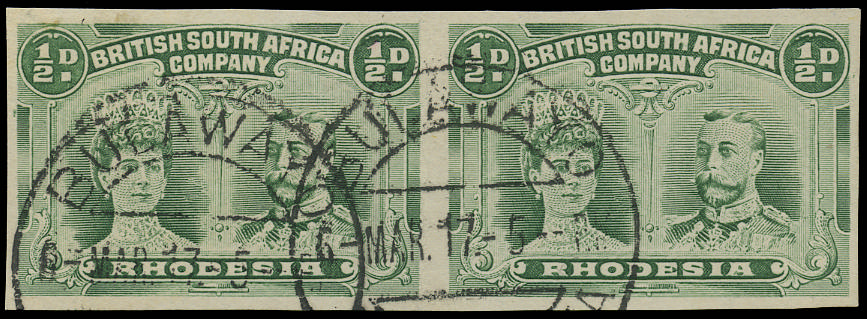 Rhodesia 1910 ½d bluish green SG 120a Double Heads imperforate pair, used