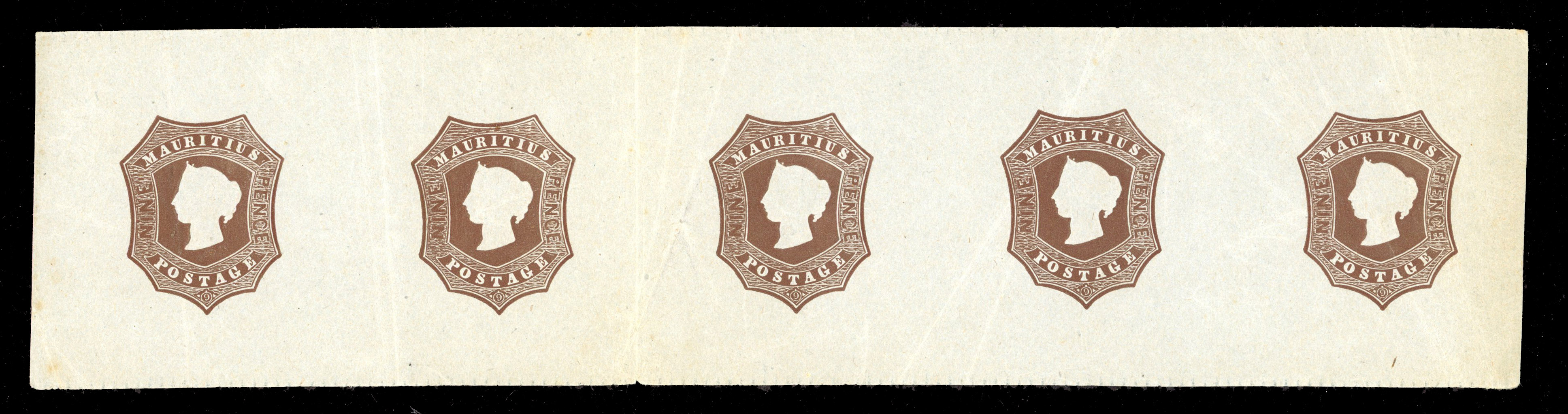 Mauritius 1861 9d brown, large piece of blue wove paper with 5 embossed impressions