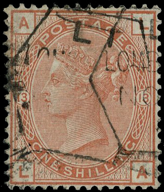 1880 1s Orange-brown Pl.13 (No Wmk.). Very fine used example of this very scarce watermark variety lettered CA, cancelle…