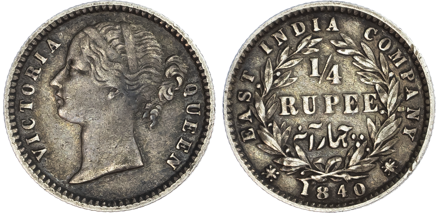 India, British Colonial. Victoria AR 1/4 Rupee. 1840. 