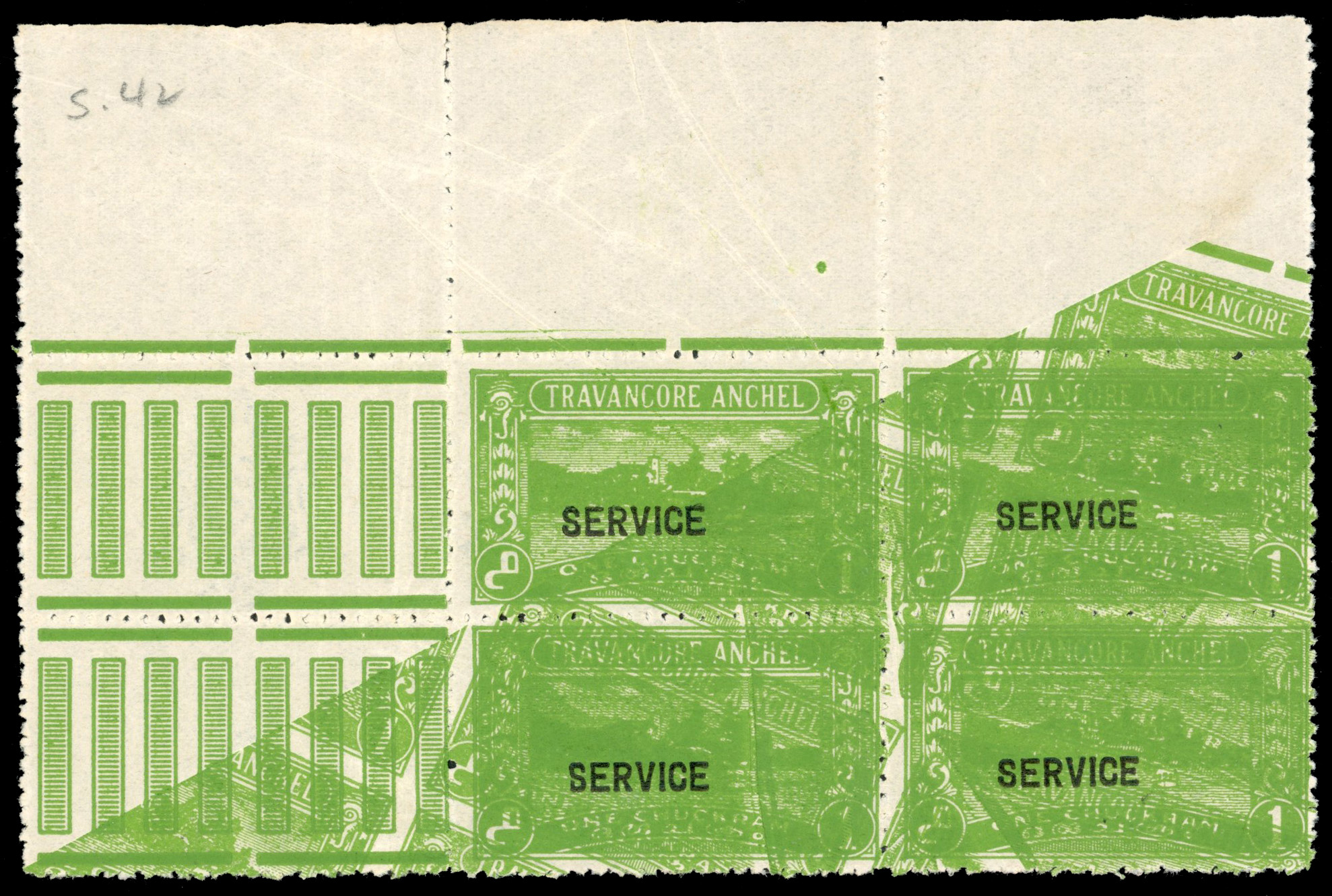 I.F.S Travancore SG 96eb double print on three stamps (one partial) in block of 4 mint
