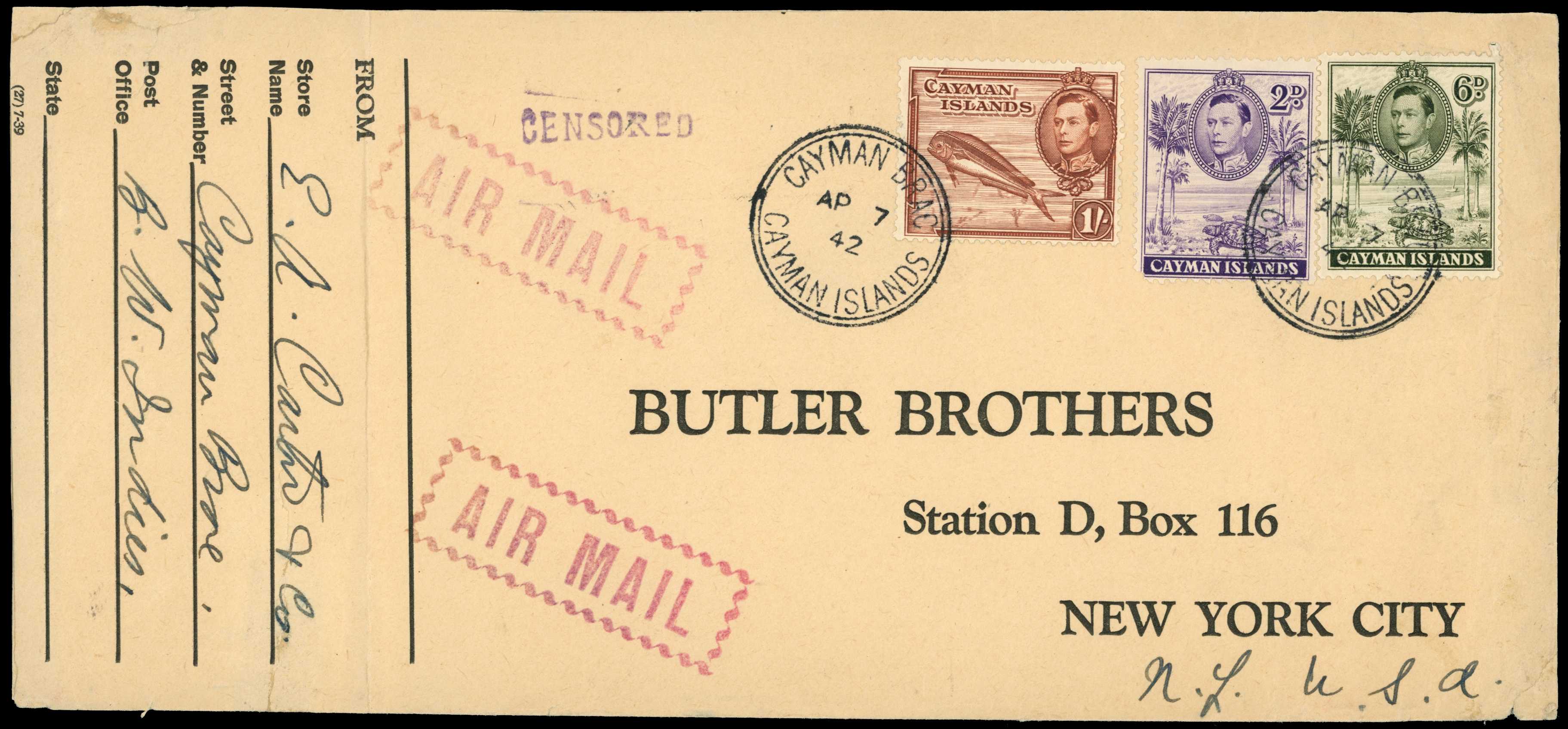 1942 "CENSORED" handstamp (CH2) struck in...