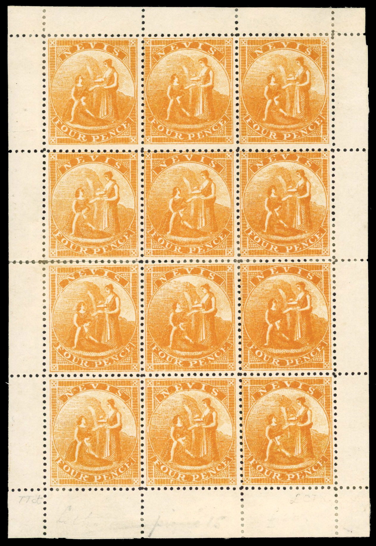 Nevis 1871-78 4d orange-yellow, complete sheet of 12, SG 18