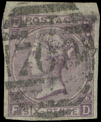 1867 6d Lilac Pl.6. Fine used imperforate example lettered FD, showing small part adjoining stamp at left, cancelled by …